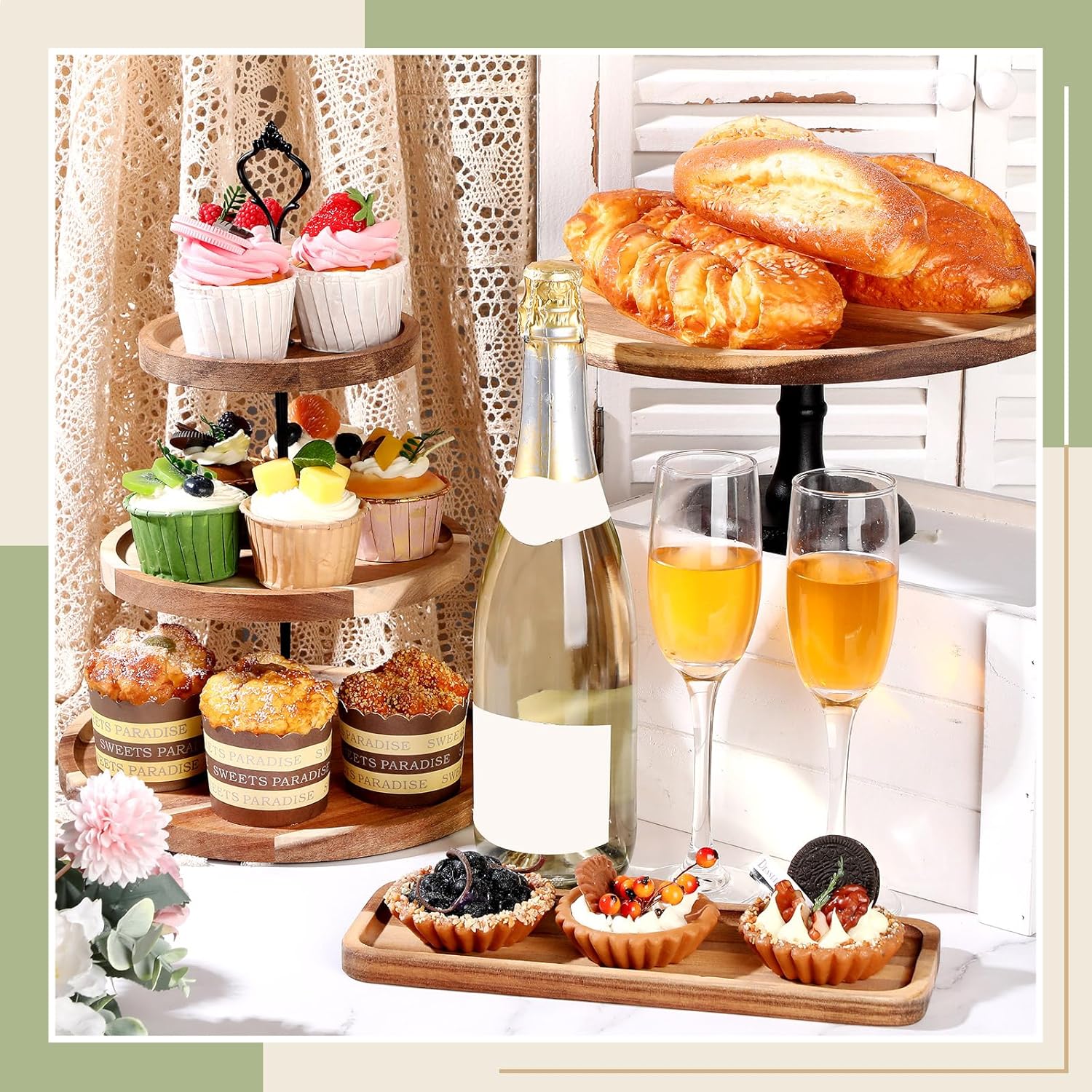 Havawish 7 Pcs Wood Dessert Table Display Set, 3 Tier Wooden Cupcake Stand Round Cake Stand Rectangular Serving Tray Platter for Display Tea Party Wedding Farmhouse(Natural Color)